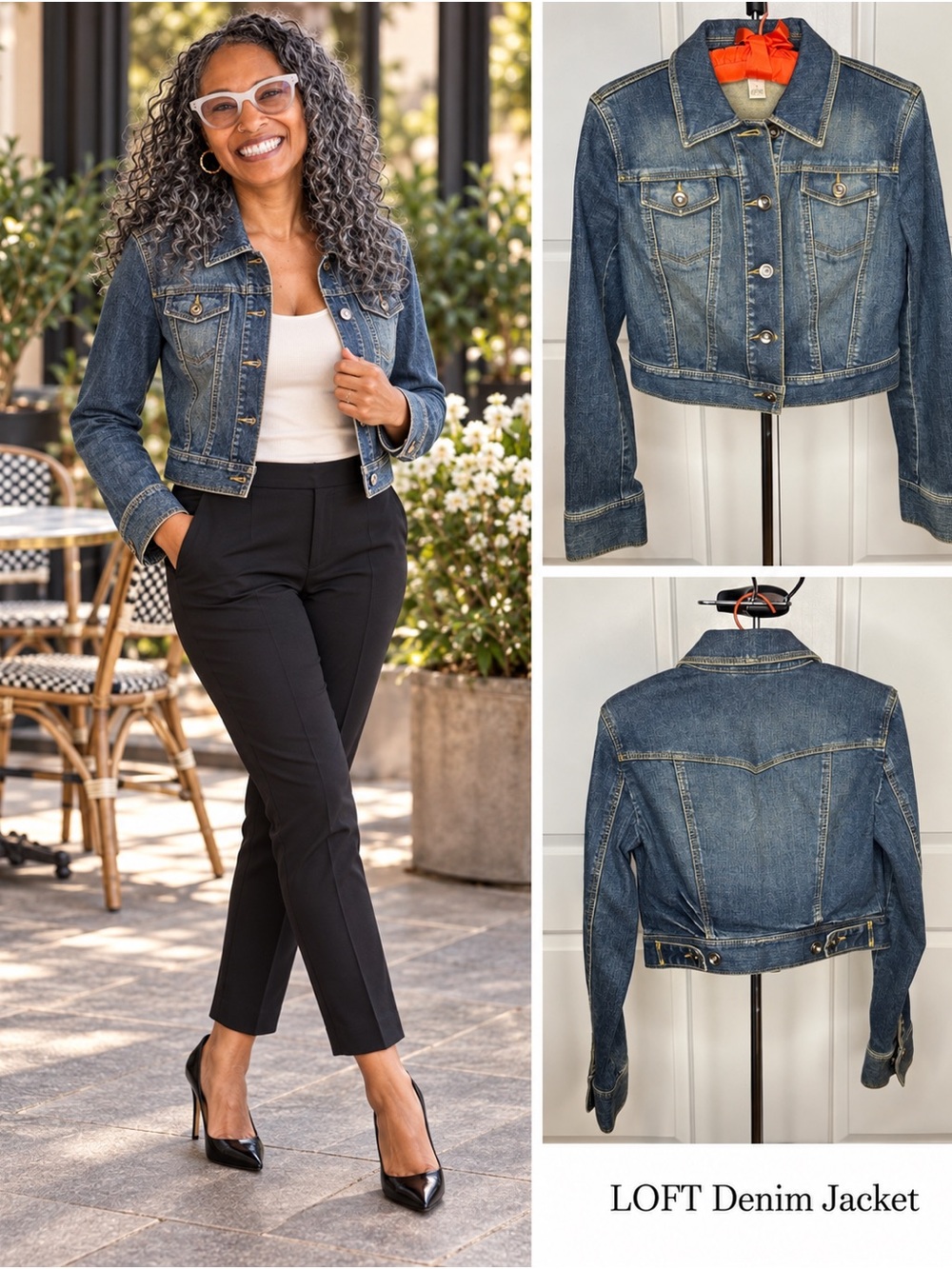 LOFT Blue Denim Cropped Jean Jacket with Button Front Size 0